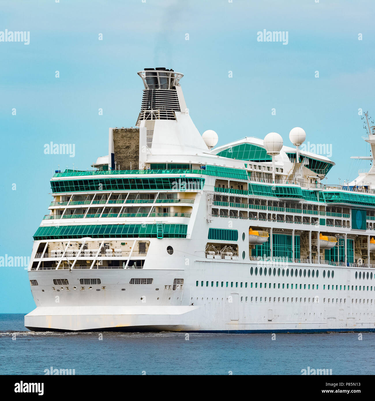 White cruise liner in Riga city. Tour travel and spa services Stock Photo