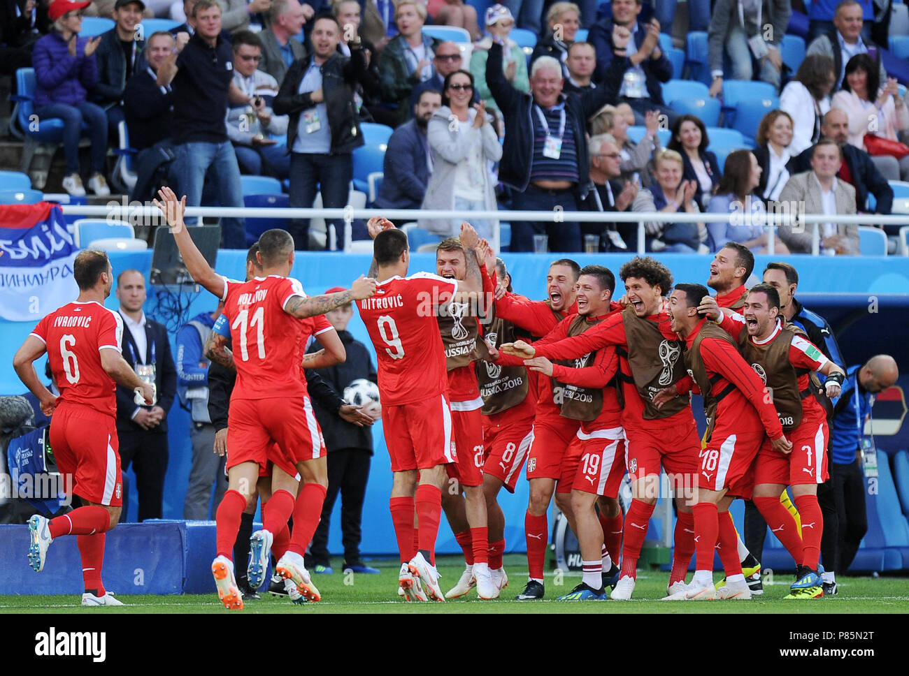 KALININGRAD, RUSSIA - JUNE 22: Aleksandar Mitrovic of Serbia celebrates scoring the goal with team mates during the 2018 FIFA World Cup Russia group E match between Serbia and Switzerland at Kaliningrad Stadium on June 22, 2018 in Kaliningrad, Russia. (Photo by Norbert Barczyk/PressFocus/MB Media) Stock Photo