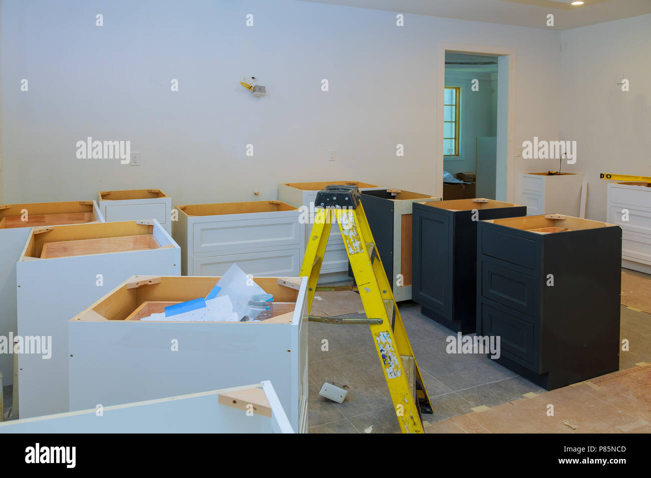 Kitchen Cabinets Installation Blind Corner Cabinet Island Drawers And Counter Installed Stock Photo Alamy