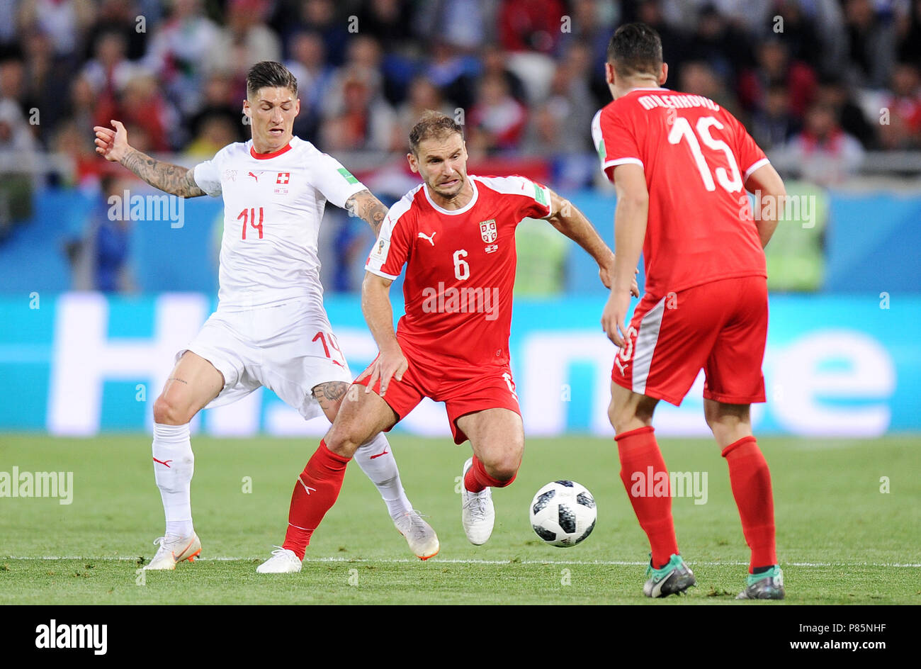 KALININGRAD, RUSSIA - JUNE 22: Steven Zuber of Switzerland competes with Branislav Ivanovic of Serbia during the 2018 FIFA World Cup Russia group E match between Serbia and Switzerland at Kaliningrad Stadium on June 22, 2018 in Kaliningrad, Russia. (Photo by Norbert Barczyk/PressFocus/MB Media) Stock Photo