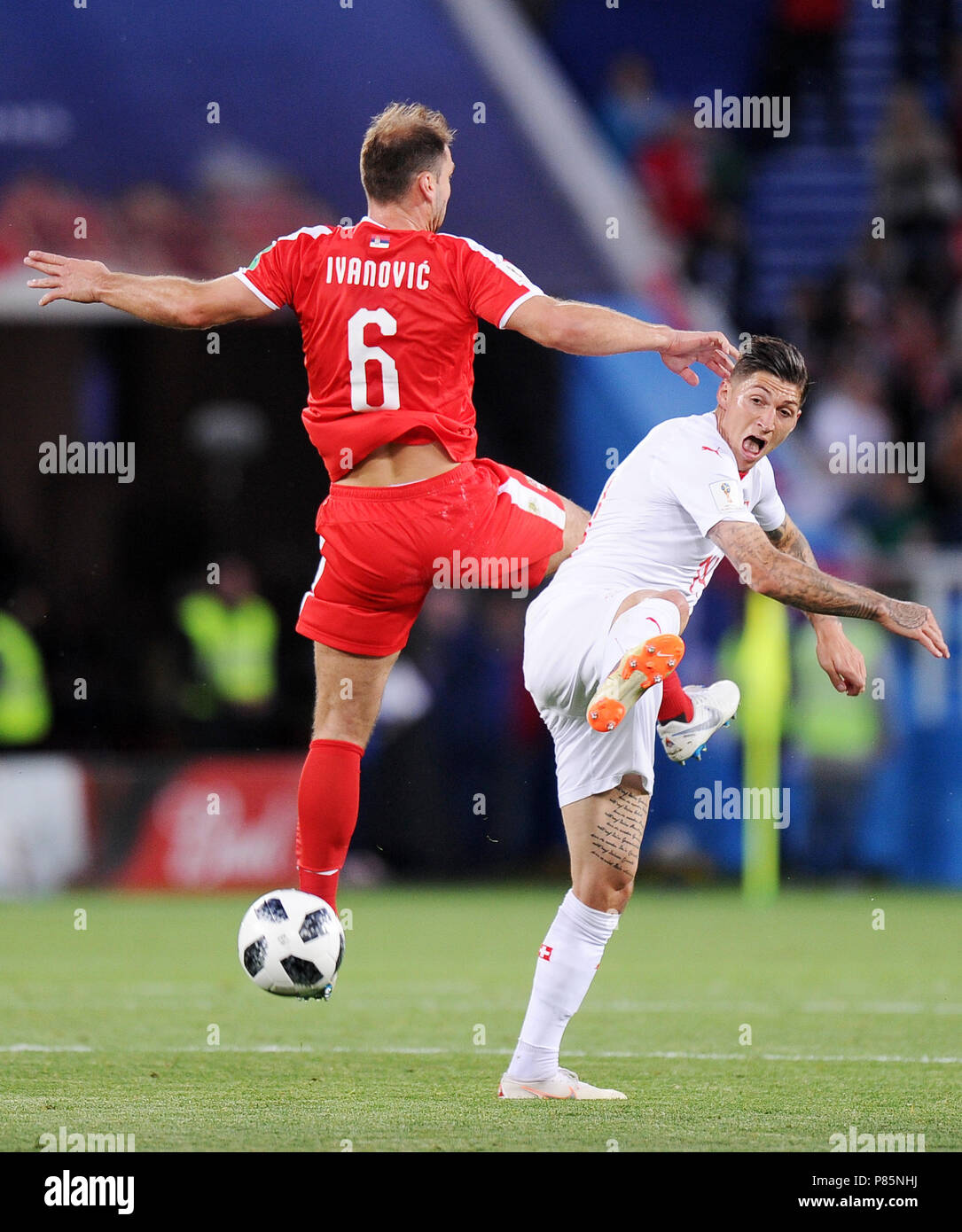 KALININGRAD, RUSSIA - JUNE 22: Branislav Ivanovic of Serbia competes with Steven Zuber of Switzerland during the 2018 FIFA World Cup Russia group E match between Serbia and Switzerland at Kaliningrad Stadium on June 22, 2018 in Kaliningrad, Russia. (Photo by Norbert Barczyk/PressFocus/MB Media) Stock Photo
