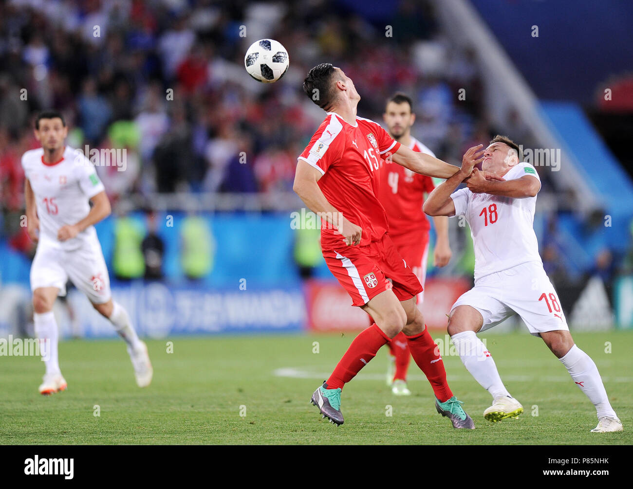 Kaliningrad Russia June 22 Nikola Milenkovic Of Serbia Competes With Mario Gavranovic Of Switzerland During The 18 Fifa World Cup Russia Group E Match Between Serbia And Switzerland At Kaliningrad Stadium