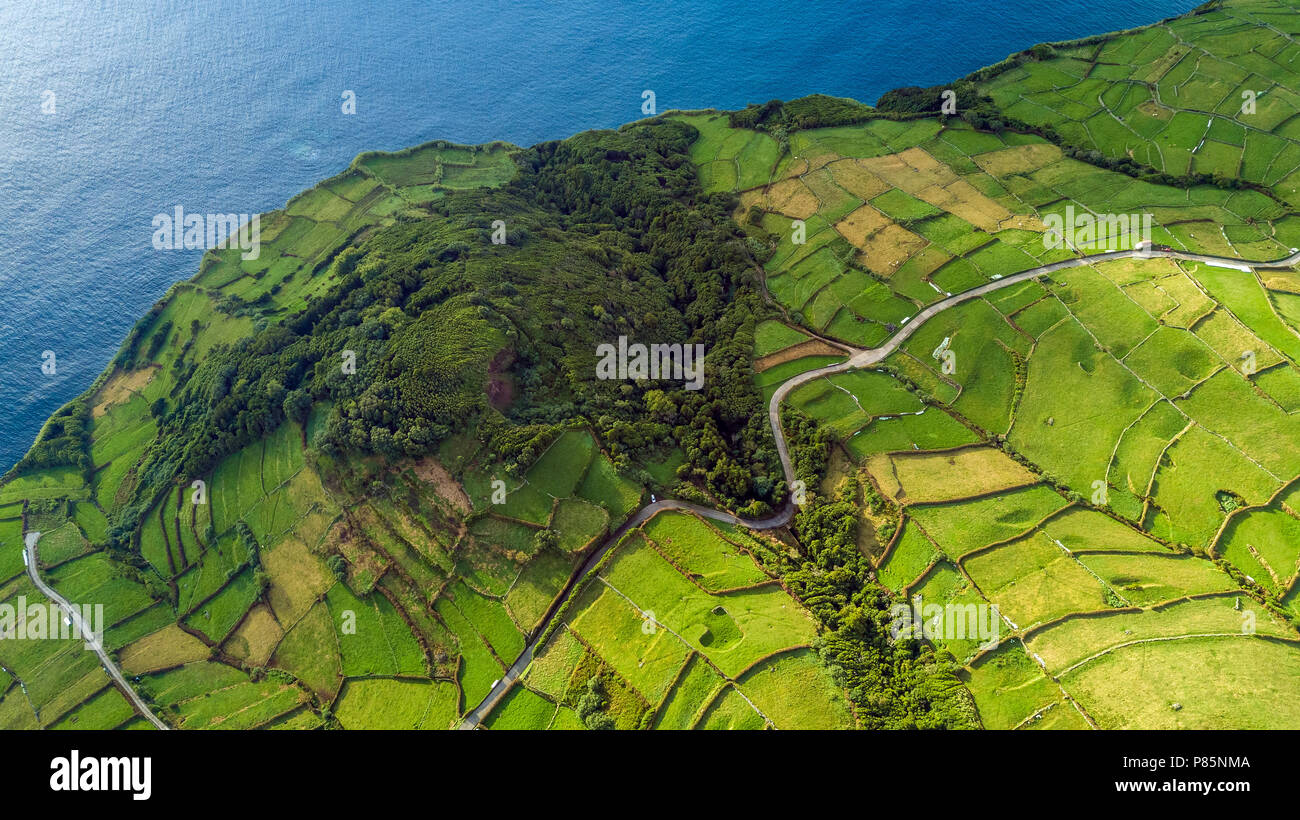 Aerial view of Pico & Da Ponte in Corvo, Azores. October 2017. Stock Photo