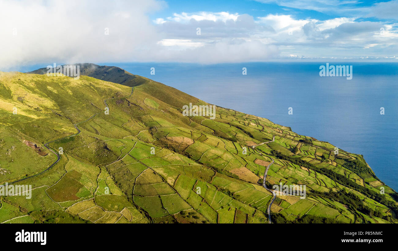 Aerial view of the north-eastern slope of Corvo, Azores. October 2017. Stock Photo