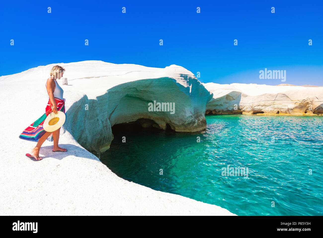 White chalk cliffs in Sarakiniko, Milos island, Cyclades, Greece. Stock Photo