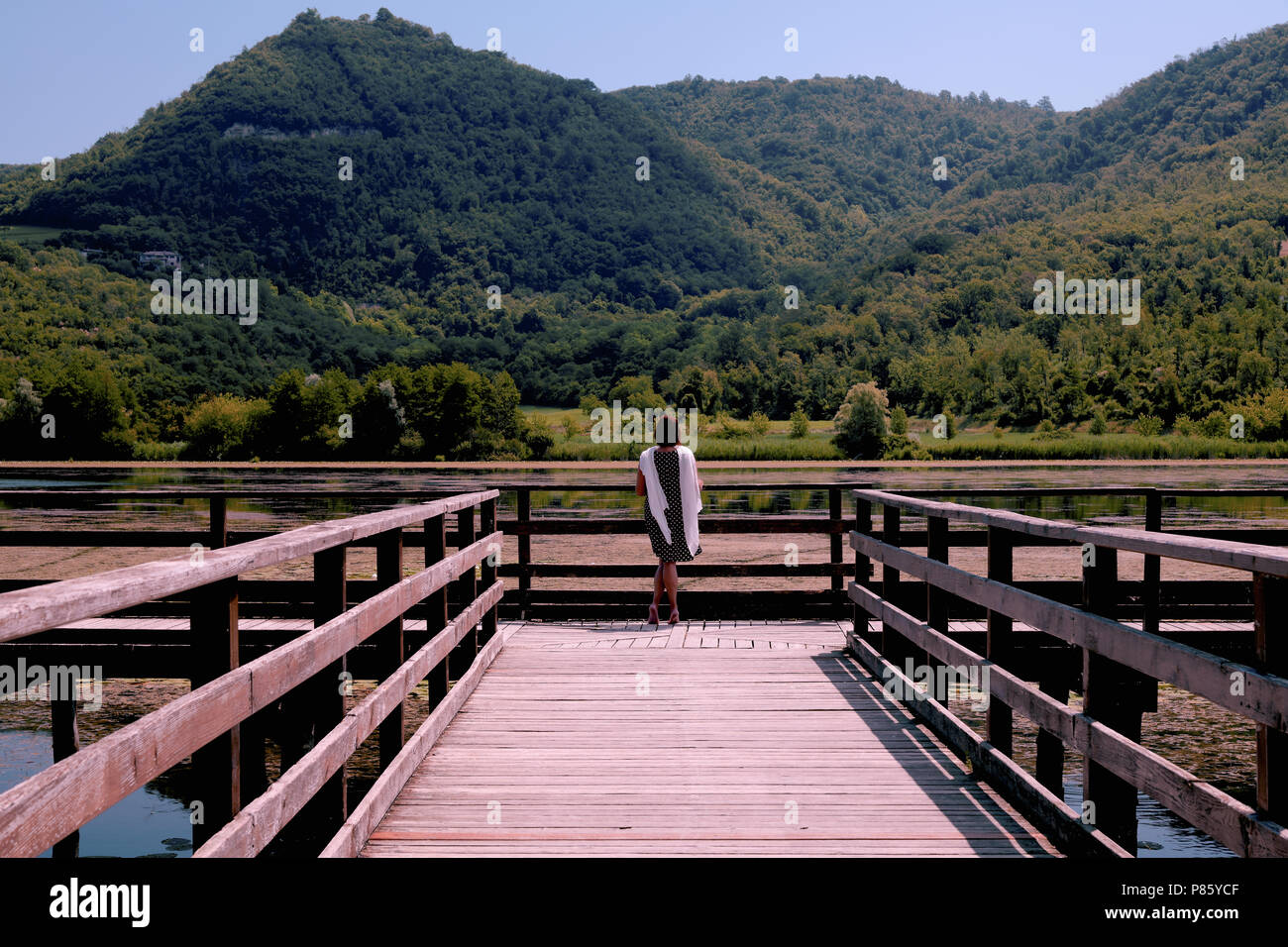 a woman with a white shawl is standing on the pier of the lake watching the green valley Stock Photo