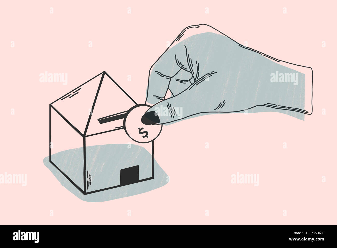 Investment of home purchase. Minimalist illustration concept. It shows metaphor of investment, with hand introducing currency in a household piggy. Stock Photo