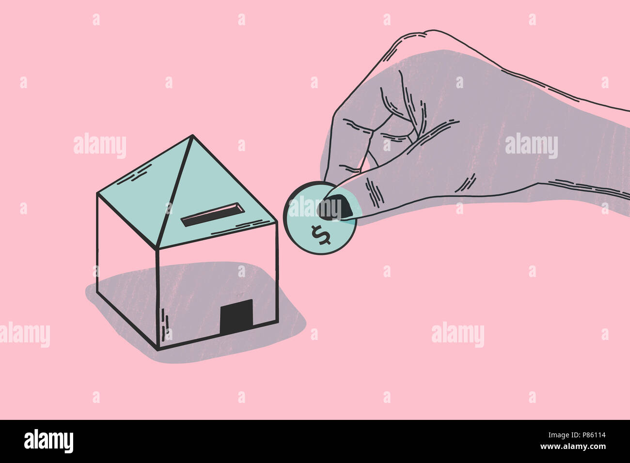 Investment of money in a new home. Minimalist illustration concept. It shows metaphor of investment, with hand introducing currency in a household. Stock Photo