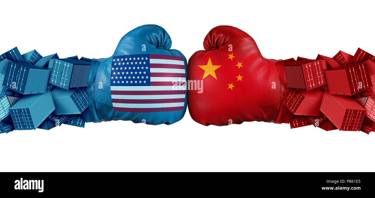 China United States or USA trade and American tariffs conflict with two opposing trading partners as an economic import and exports dispute concept. Stock Photo