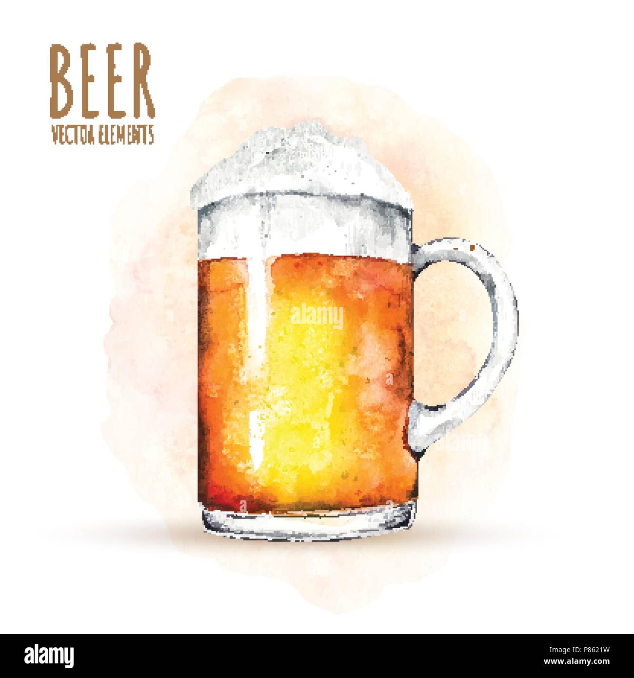 Watercolor elements on the theme of beer. Beer glass, hops, malt Stock