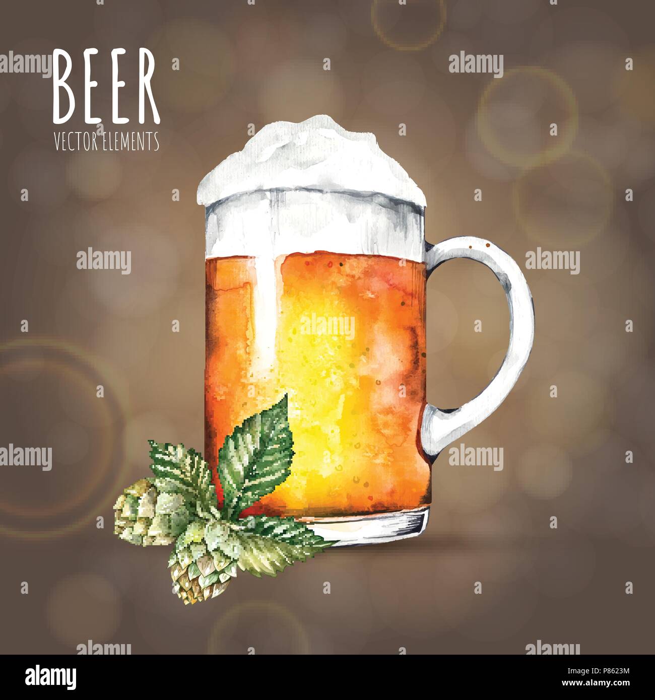Watercolor elements on the theme of beer. Beer glass, hops, malt Stock