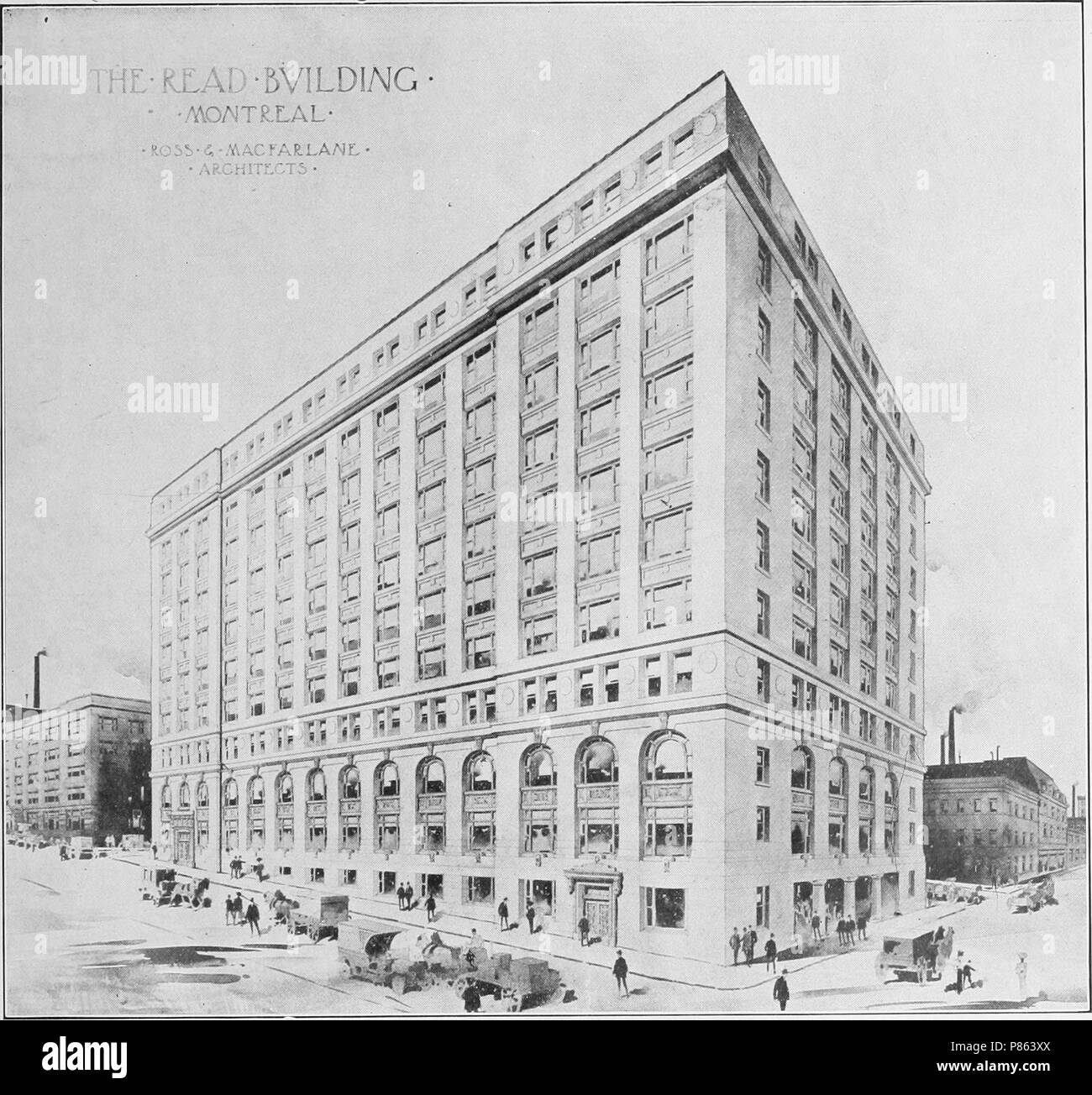 Black and white print illustrating an angled view of a stripped classical, multi-level urban building located in Montreal Canada, captioned 'The Read Building' and attributed to the architects Ross and MacFarlane, 1913. Courtesy Internet Archive. () Stock Photo