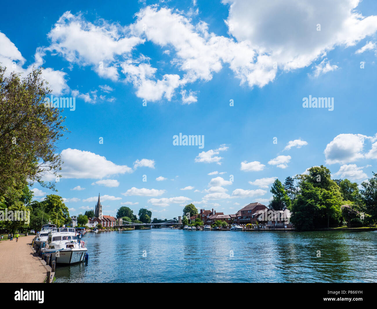 Man Fishing from Boat, with View of River Thames, All Saints Church, Marlow Suspension Bridge