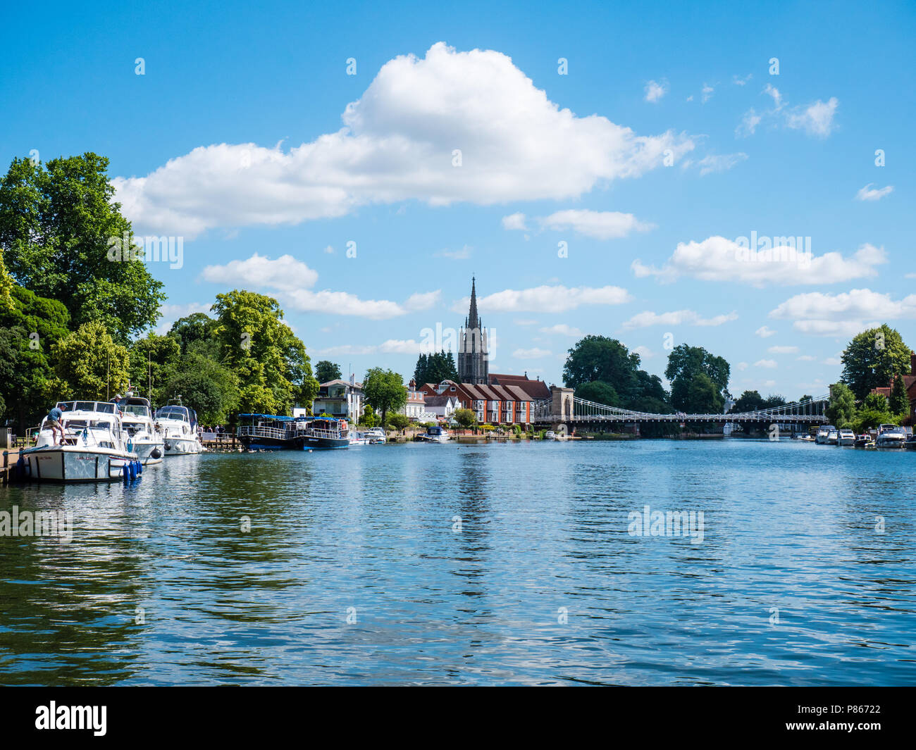 Man Fishing from Boat, with View of River Thames, All Saints Church, Marlow Suspension Bridge