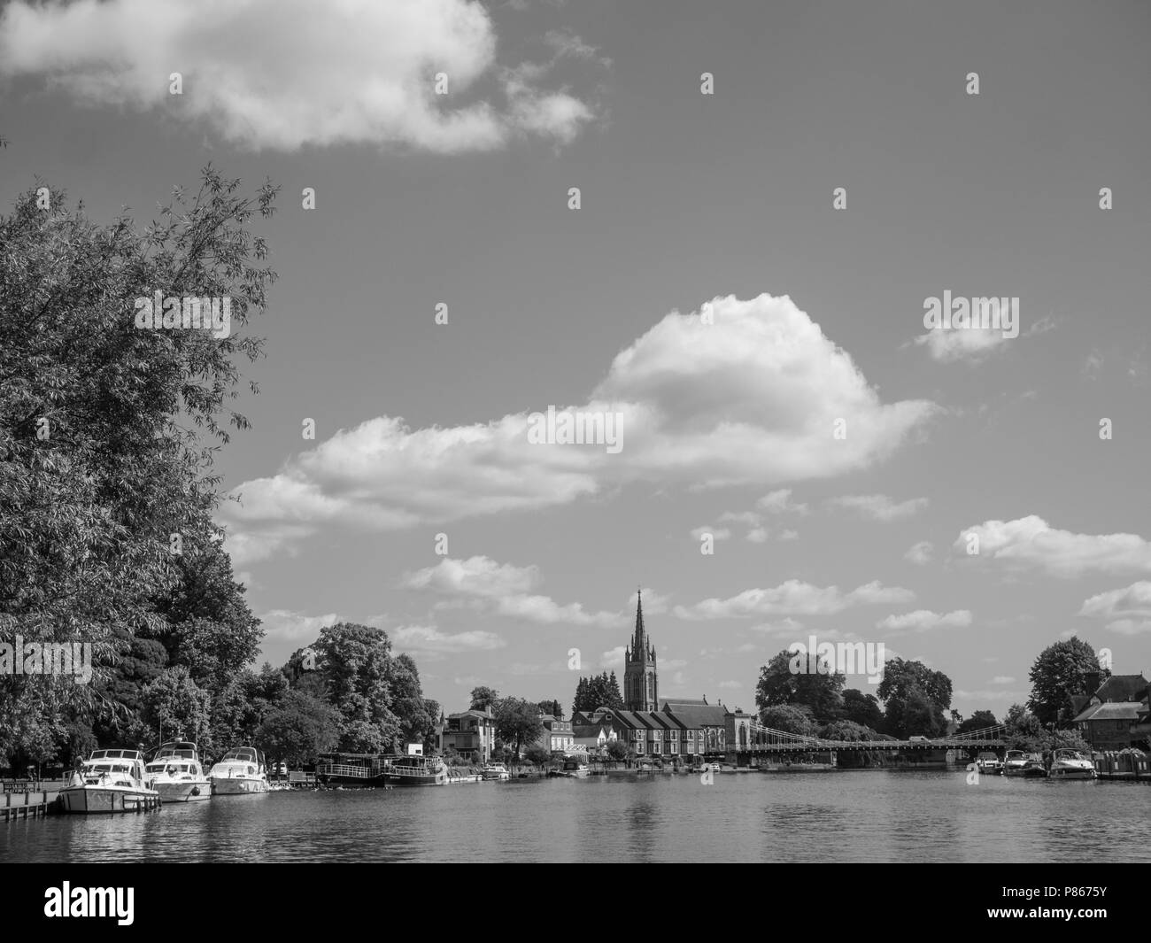 Man Fishing from Boat, with View of River Thames, All Saints Church, Marlow Suspension Bridge