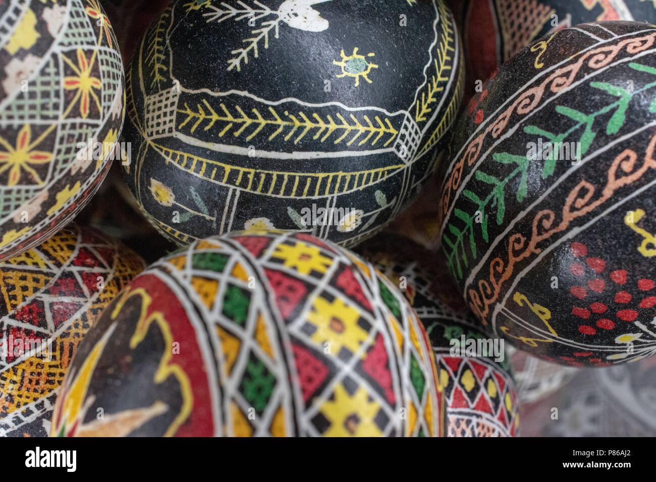 Pysanka is a Ukrainian Easter Egg decorated with traditional Ukrainian folk designs using a wax-resist method. Stock Photo