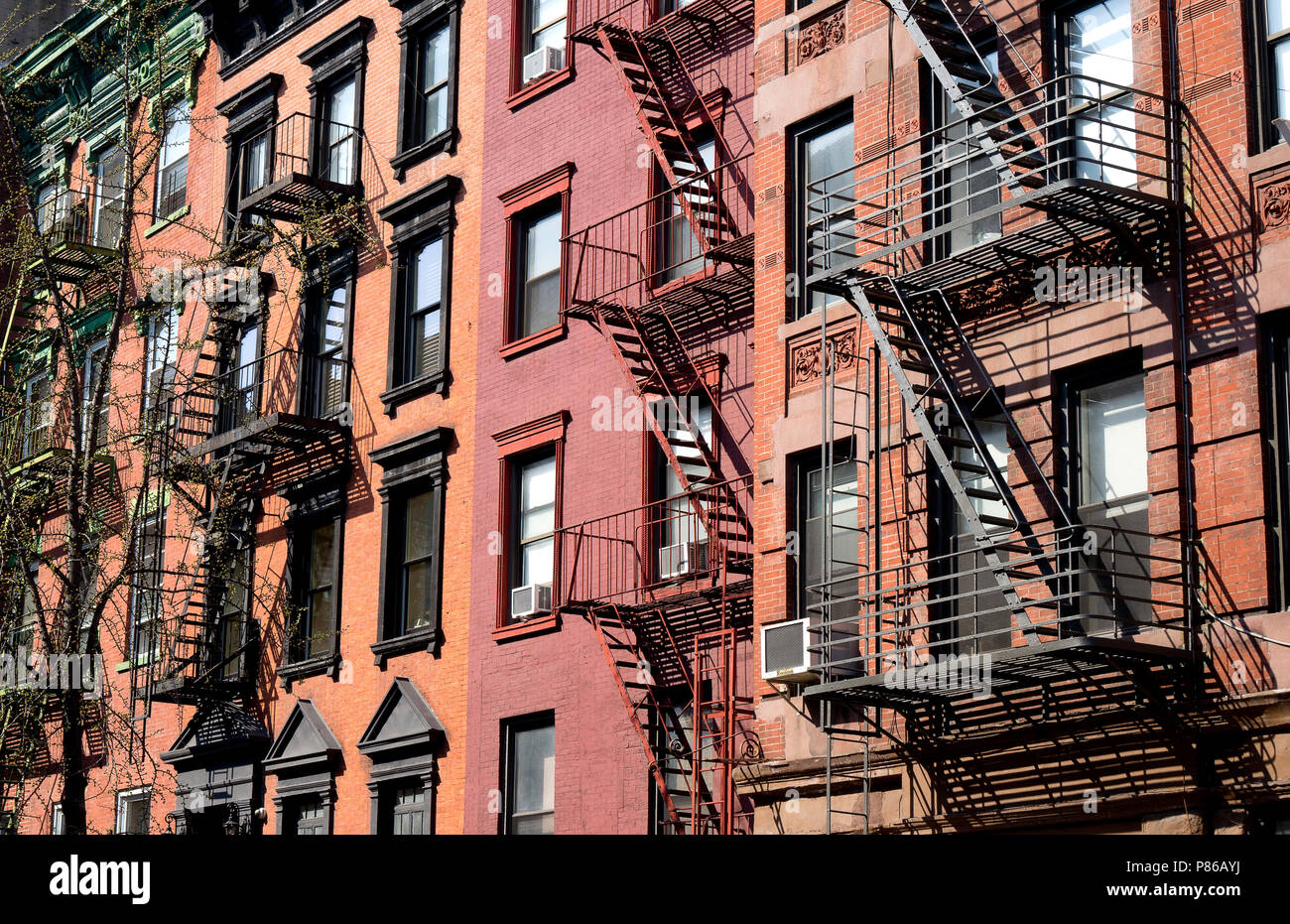 New York City East village building details with fire escapes Stock Photo