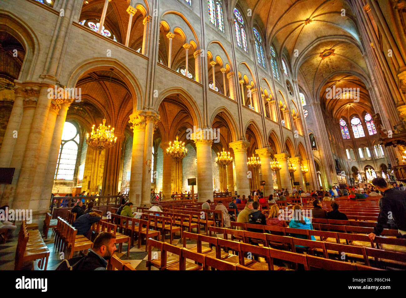 PARIS, FRANCE - JULY 1, 2017: indoor of Notre Dame Gothic cathedral ...