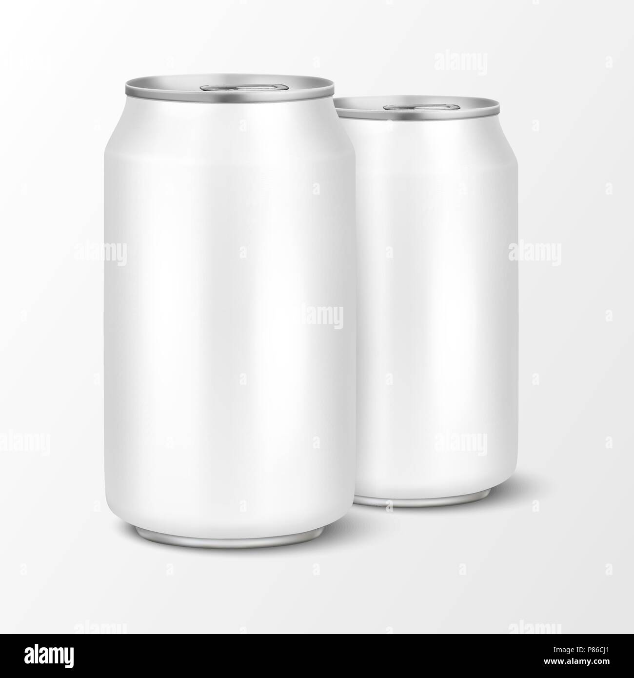 two vector realistic 3d empty glossy metal white aluminium beer pack