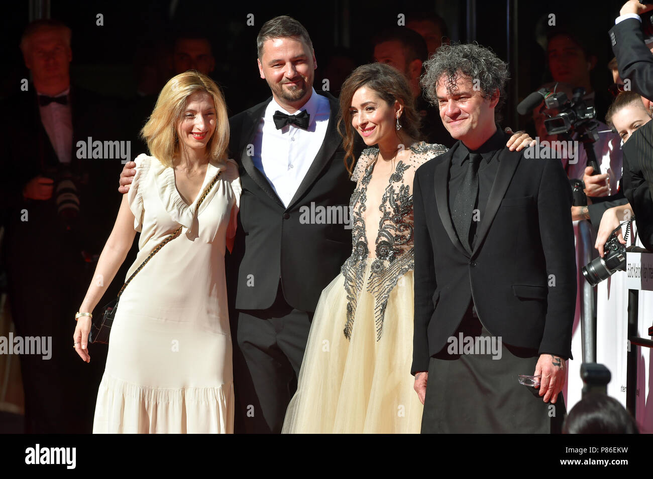 Karlovy Vary, Czech Republic. 07th July, 2018. The Grand Jury members Italian producer Marta Donzelli, from left, dean of Prague's Film Academy (FAMU), publicist and producer Zdenek Holy, Croatian actress Zrinka Cvitesic and Northern Ireland-born, Scotland-based film theorist and director Mark Cousins arrive to closing ceremony of the 53rd Karlovy Vary International Film Festival (KVIFF) in the Czech Republic on July 7, 2018. Credit: Katerina Sulova/CTK Photo/Alamy Live News Stock Photo