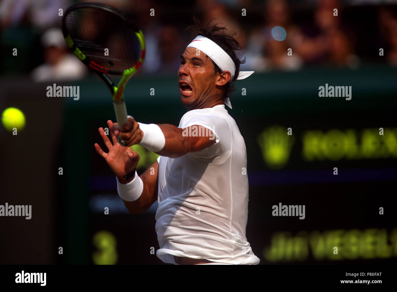 London, England - July 9, 2018.  Wimbledon Tennis: Spain's Rafael Nadal in action during his fourth round match against Jiri Vesely of the Czech Republic. Credit: Adam Stoltman/Alamy Live News Stock Photo