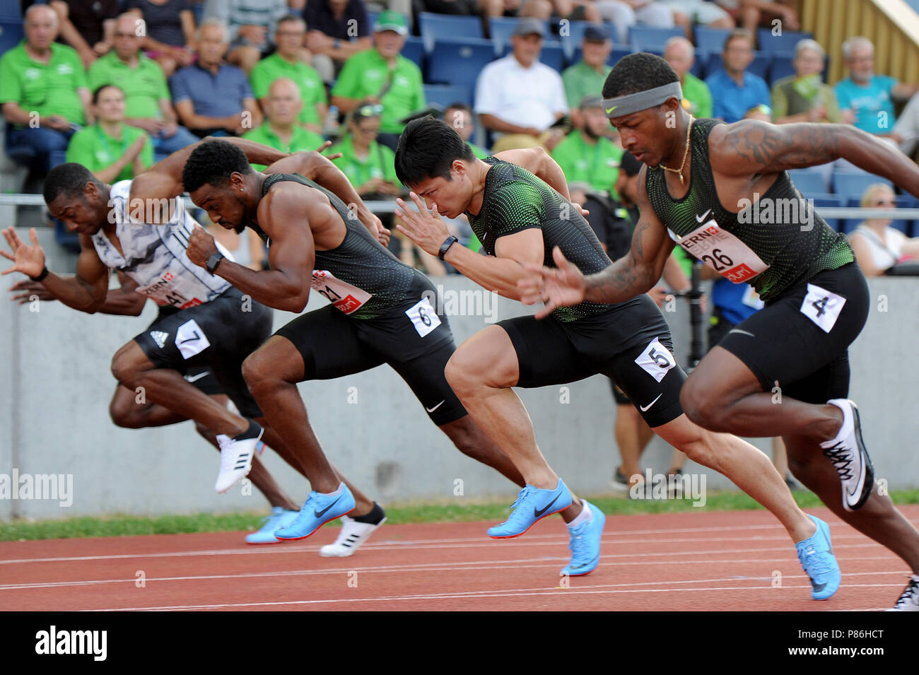 Stadion Allmend, Lucerne, Switzerland. 9th July, 2018. Spitzen  Leichtathletik Luzern Athletics; Michael Rodgers (USA), Su Bingtian (CHN),  Isiah Young (USA) and Yohan Blake (JAM) in action during the 100m Credit:  Action Plus