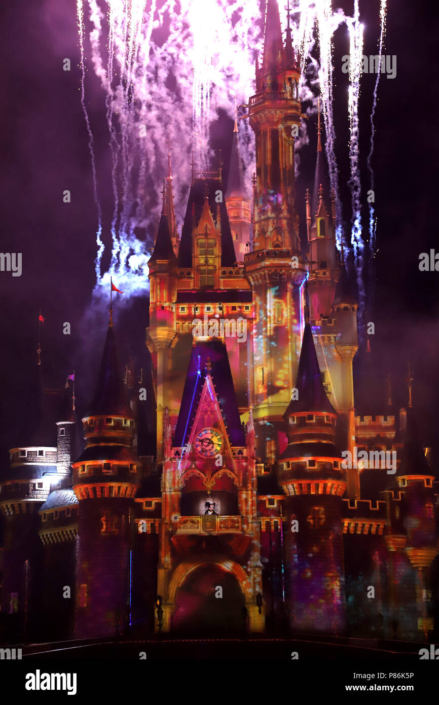 Tokyo Japan 9th July 18 Images Of Disney Characters Are Projeted On The Cinderella Castle At A Press Preview For The New Night Attraction Celebrate Tokyo Disneyland At The Tokyo Disneyland In