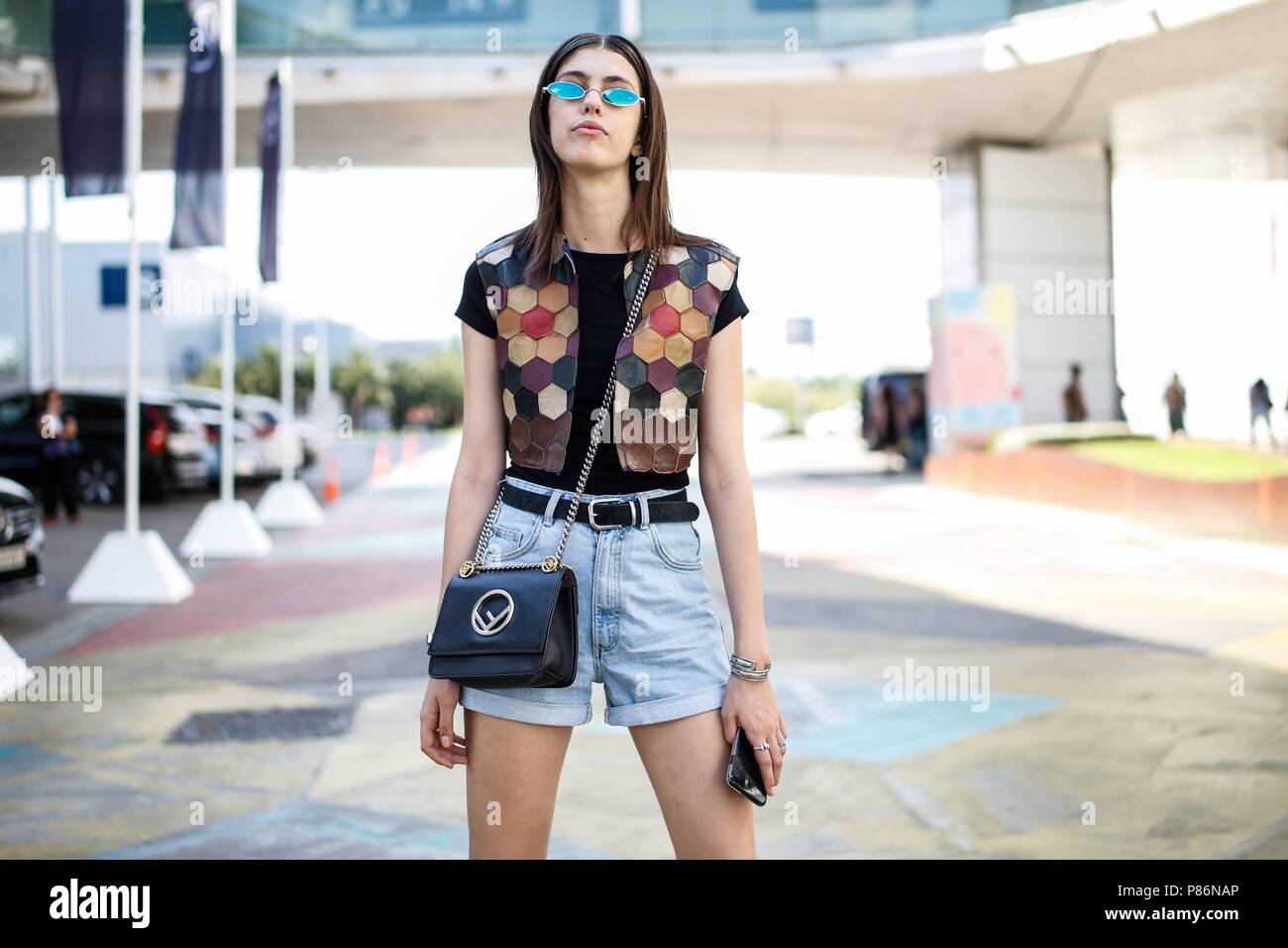 Mayka Merino posing on the street during Mercedes Benz Fashion Week Madrid - July 9, 2018 - Photo: Runway Manhattan ***For Editorial Use Only*** | Verwendung weltweit Stock Photo