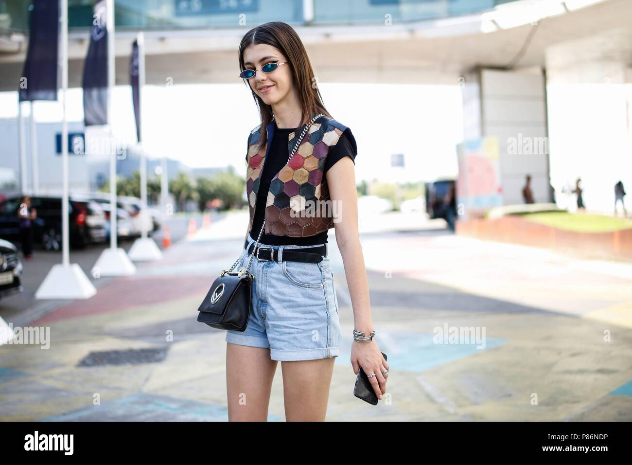 Mayka Merino posing on the street during Mercedes Benz Fashion Week Madrid - July 9, 2018 - Photo: Runway Manhattan ***For Editorial Use Only*** | Verwendung weltweit Stock Photo