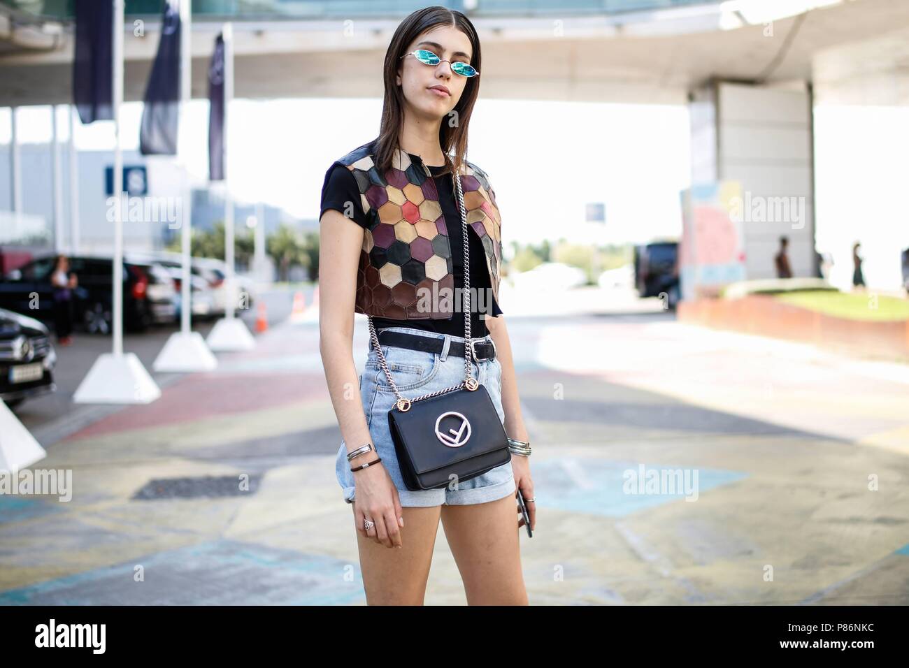 Mayka Merino posing on the street during Mercedes Benz Fashion Week Madrid - July 9, 2018 - Photo: Runway Manhattan ***For Editorial Use Only*** | Verwendung weltweit Stock Photo