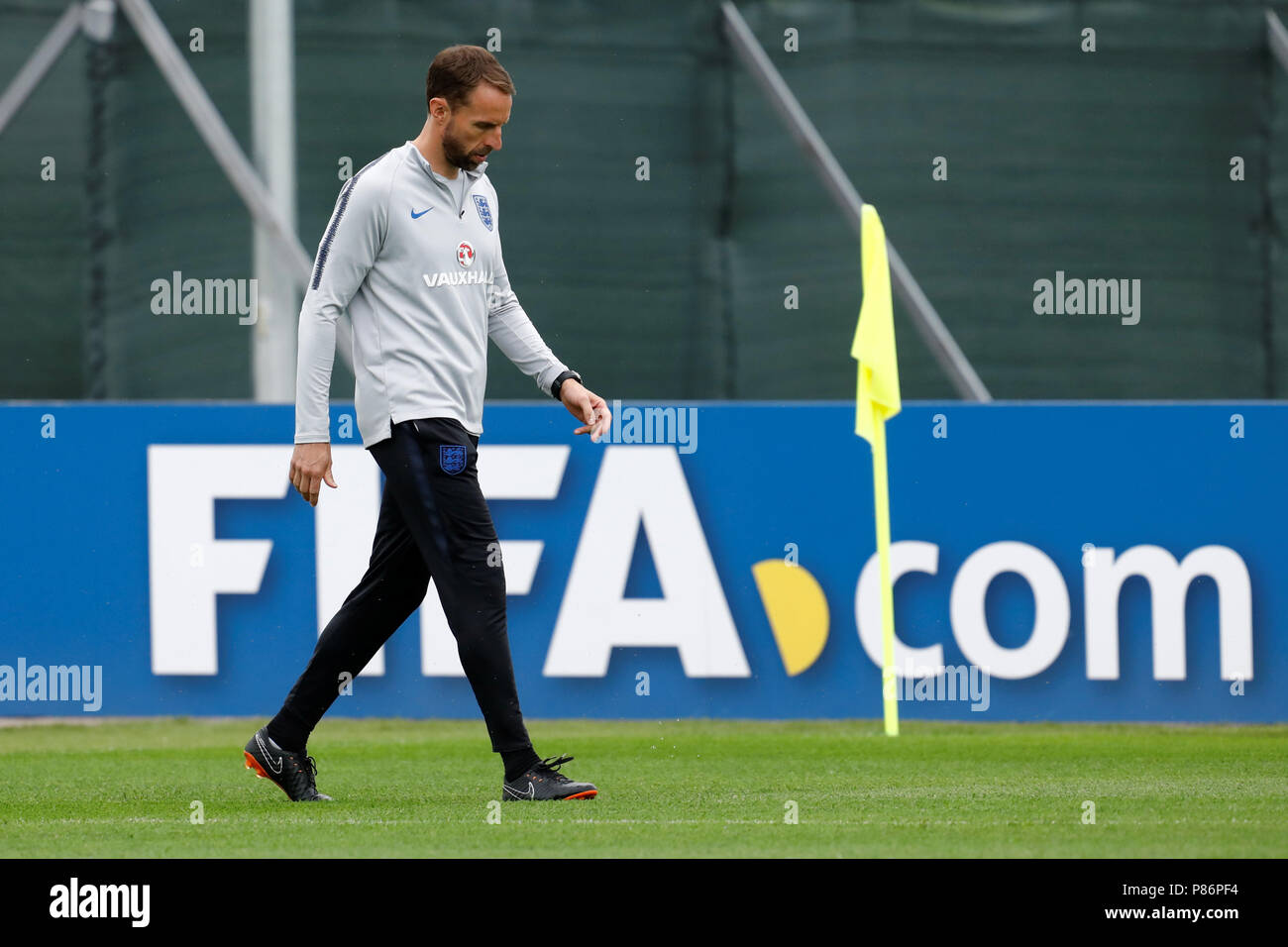 SAINT PETERSBURG, RUSSIA - JULY 10: Gareth Southgate of England national team during an Englang national team training session ahead of the 2018 FIFA World Cup Russia Semi Final match against Croatia at Stadium Spartak Zelenogorsk on July 10, 2018 in Saint Petersburg, Russia. (MB Media) Credit: MB Media Solutions/Alamy Live News Stock Photo