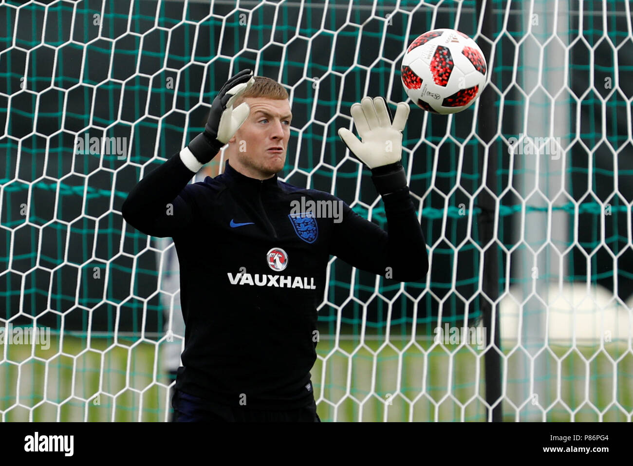 SAINT PETERSBURG, RUSSIA - JULY 10: Jordan Pickford of England national team during an Englang national team training session ahead of the 2018 FIFA World Cup Russia Semi Final match against Croatia at Stadium Spartak Zelenogorsk on July 10, 2018 in Saint Petersburg, Russia. (MB Media) Credit: MB Media Solutions/Alamy Live News Stock Photo