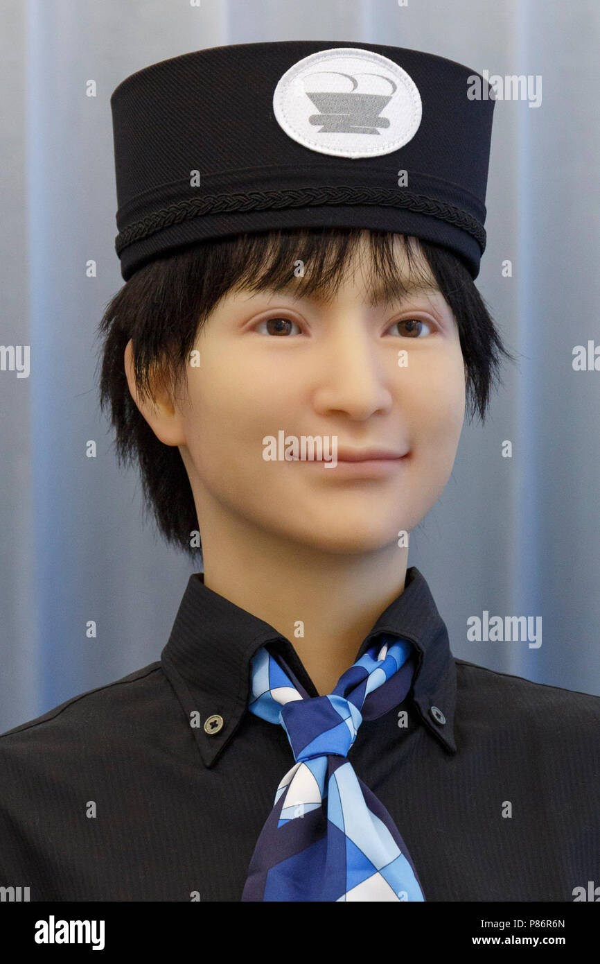 Tokyo, Japan. 10th July 2018. A humanoid robot works at the front desk of Hennna Hotel in