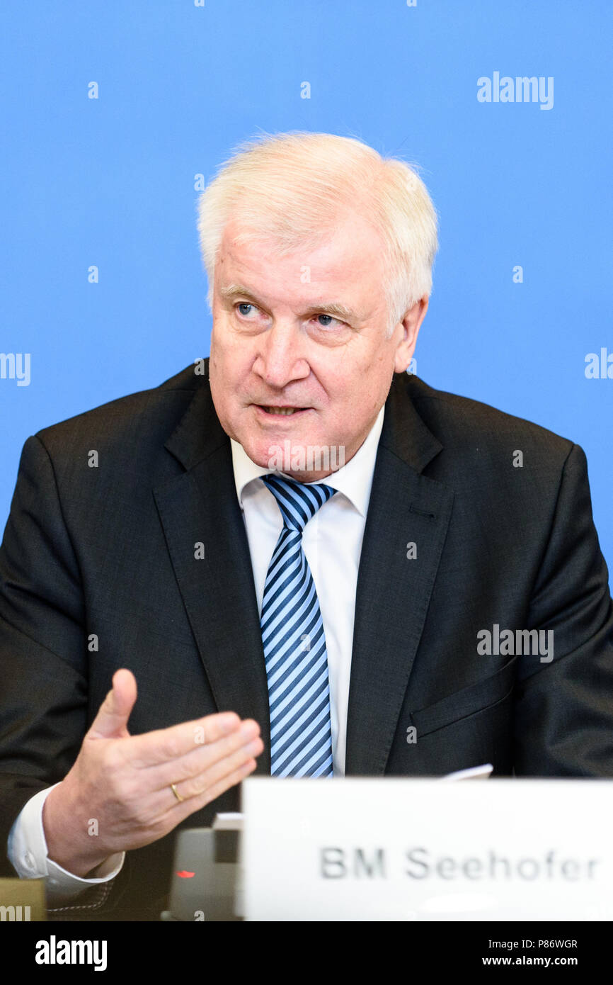 German Federal Minister of Interior, Construction and Homeland, Horst Seehofer of the Christian Social Union (CSU) during the presentation of the 'Masterplan Migration - Measures to Organize, Control and Limit Immigration.' The plan includes stopping and rejecting migrants who are already registered in other EU countries at the German border. Stock Photo