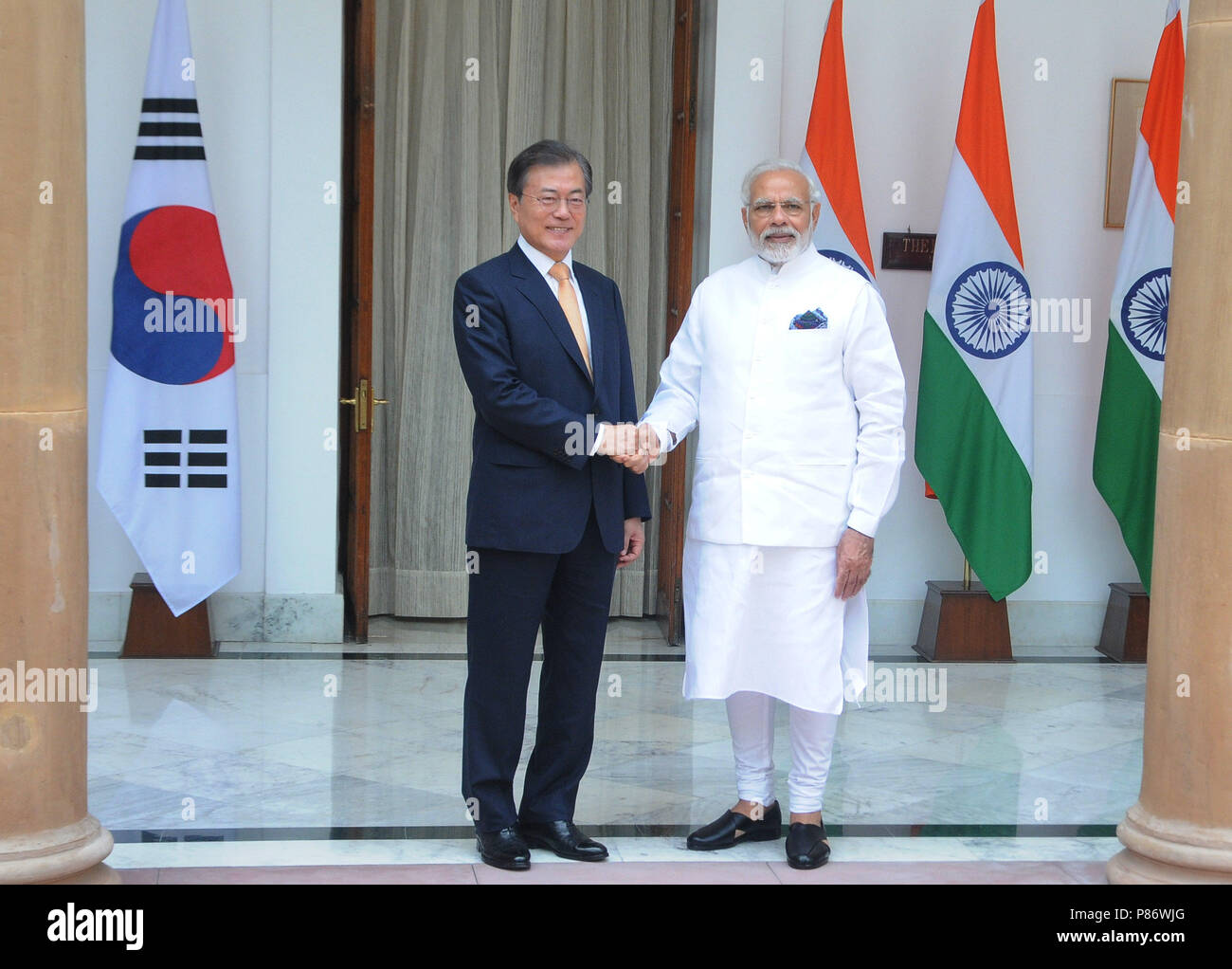 New Delhi. 10th July, 2018. Indian Prime Minister Narendra Modi (R) meets with South Korean President Moon Jae-in at Hyderabad House in New Delhi, India, July 10, 2018. Credit: Xinhua/Alamy Live News Stock Photo