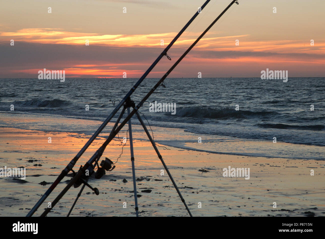 Sportvissen aan het strand, sport fishing at the coast Stock Photo