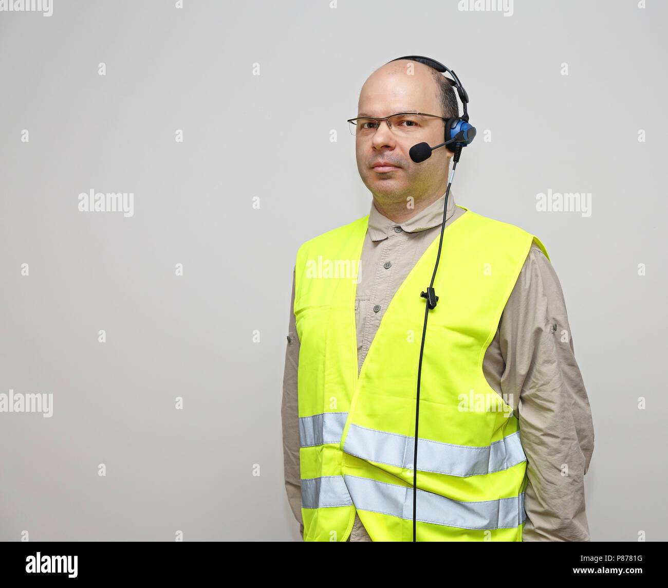 Pick by Voice Control Headset Bald Man With Glasses Stock Photo Alamy