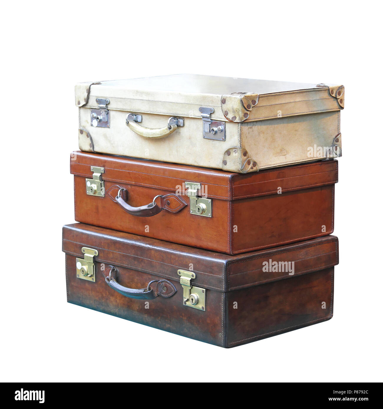 Vitage Leather Suitcases Isolated Included Clipping Path Stock Photo