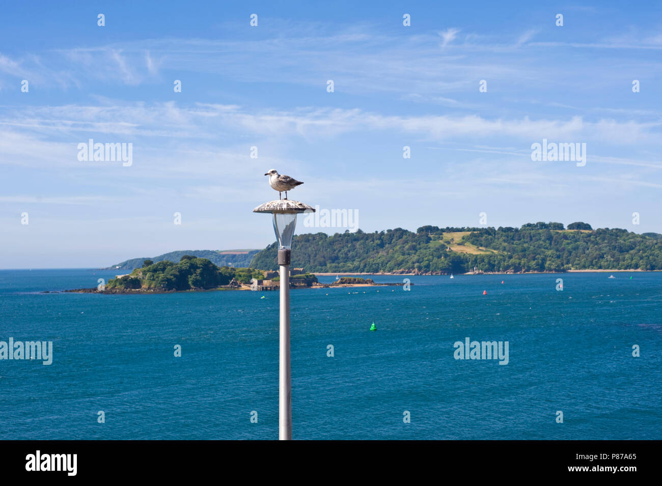 View over sea toward Drakes Island from the Hoe in Plymouth Devon England UK Stock Photo