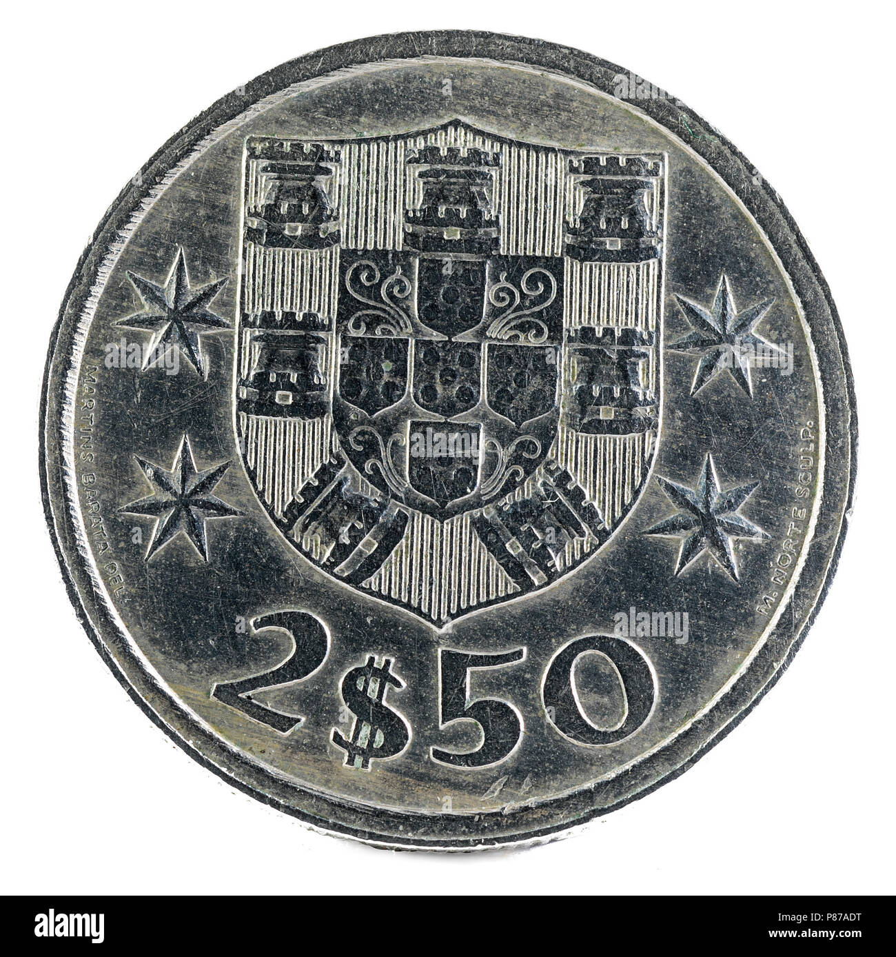 Old Portuguese coin. 2$50 Escudos. 1977. Reverse. Stock Photo
