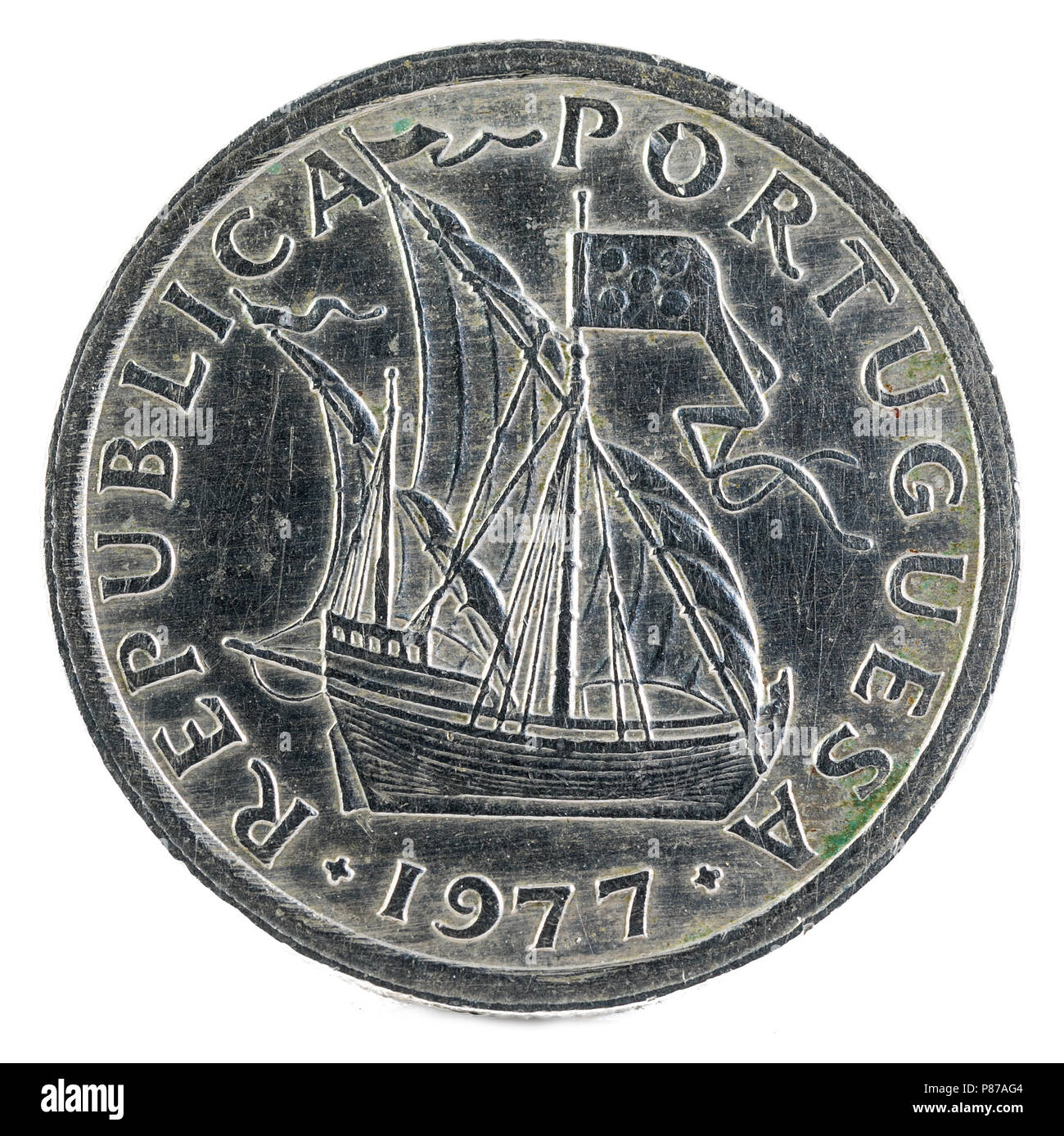 Old Portuguese coin. 2$50 Escudos. 1977. Obverse. Stock Photo