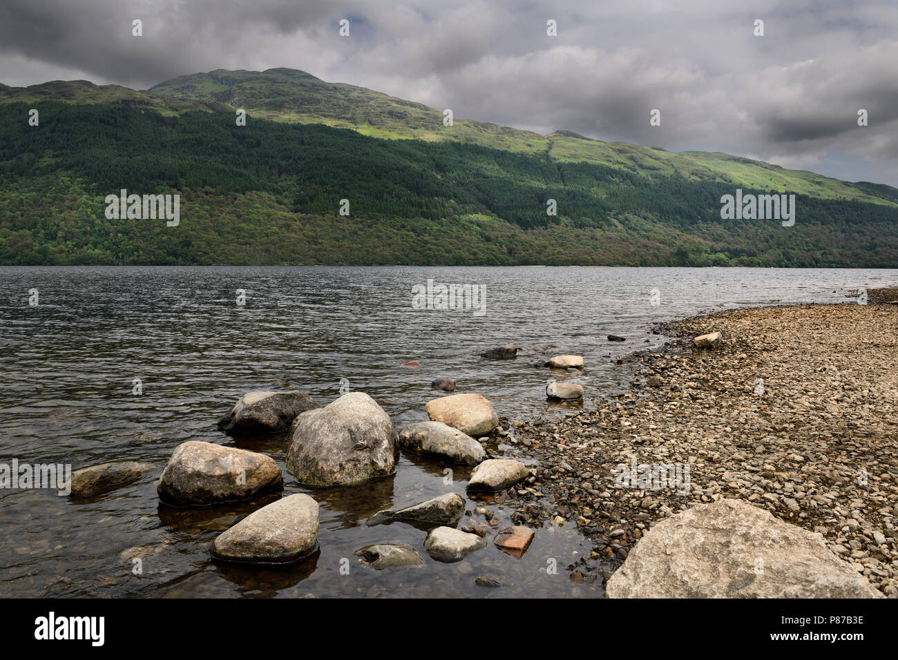 Rocky shore of Loch Lommond freshwater lake dividing lowlands from Scottish Highlands and Ben Lamond mountain Scotland UK Stock Photo