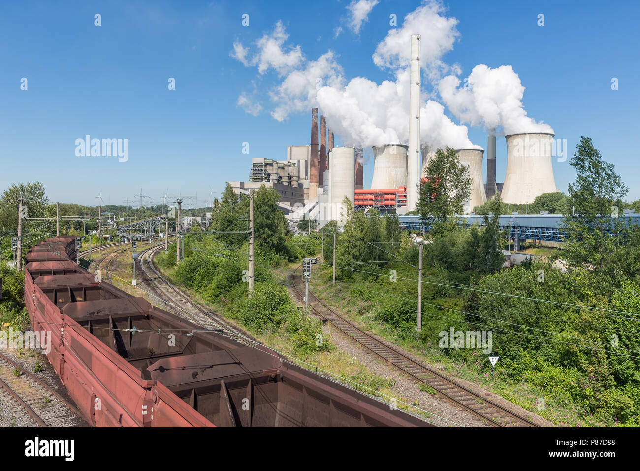German Coal-fired power plant with empty cargo train near Garzweiler mine  Stock Photo - Alamy