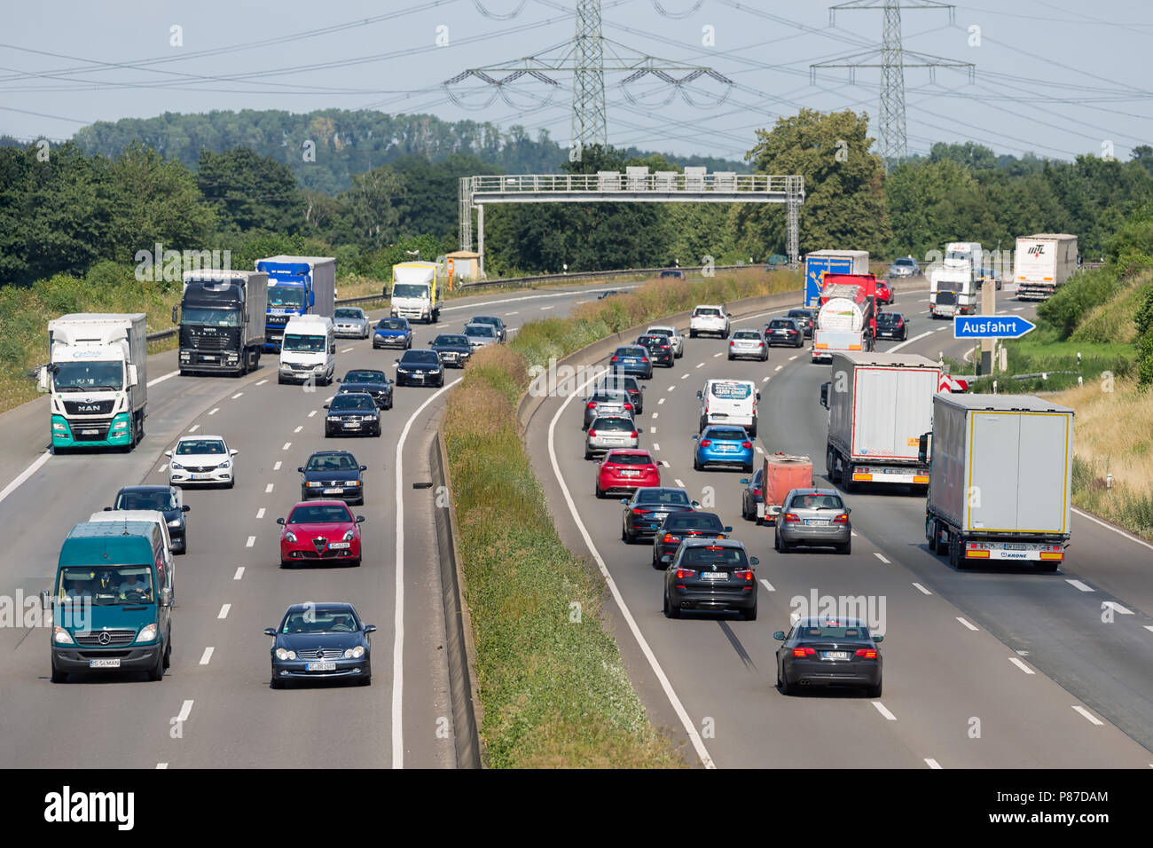 German highway with cars and trucs near city Eschweiler Stock Photo