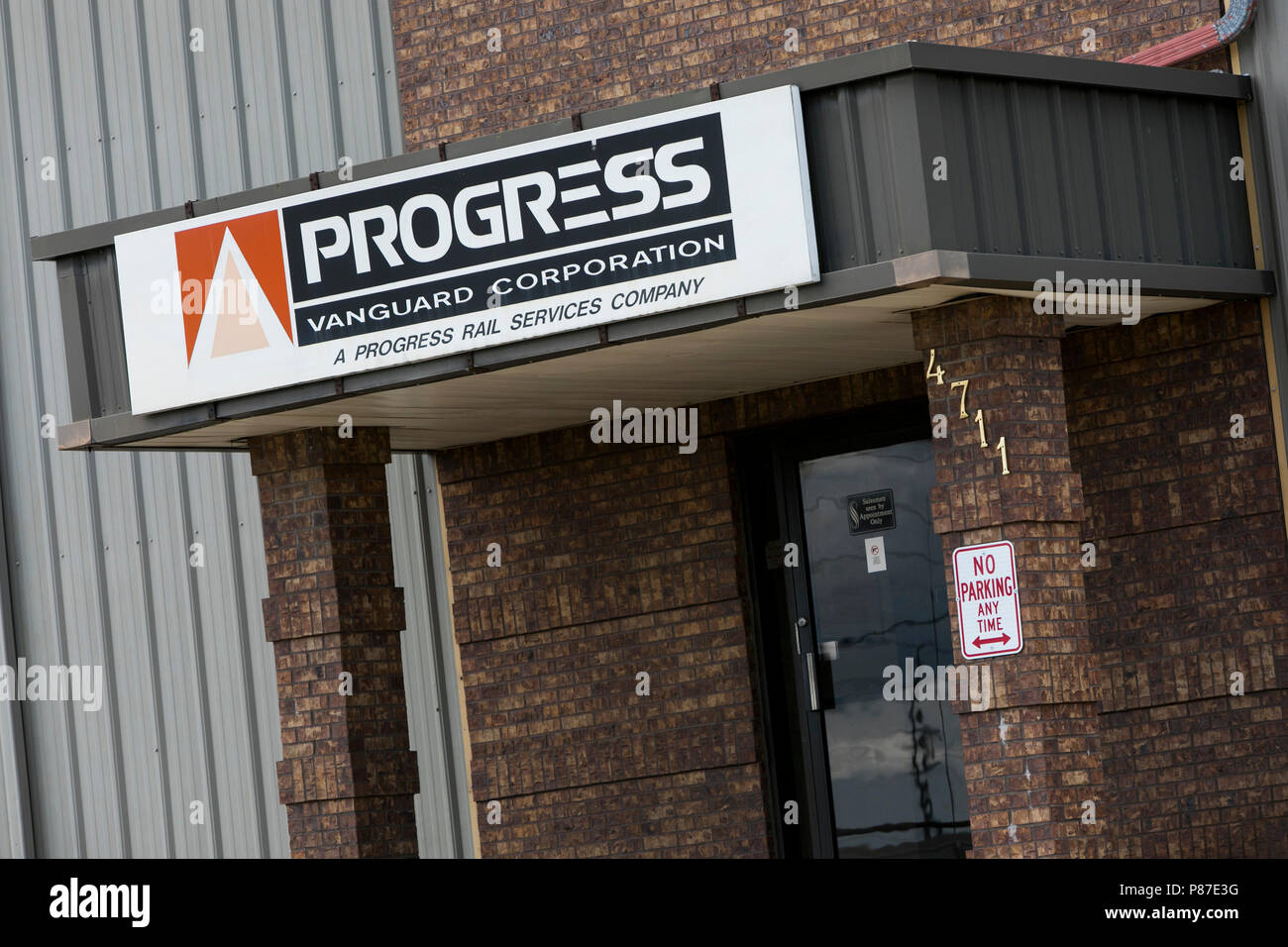 A logo sign outside of a facility occupied by the Progress Rail Services Corporation in Lincoln, Nebraska on July 1, 2018. Stock Photo