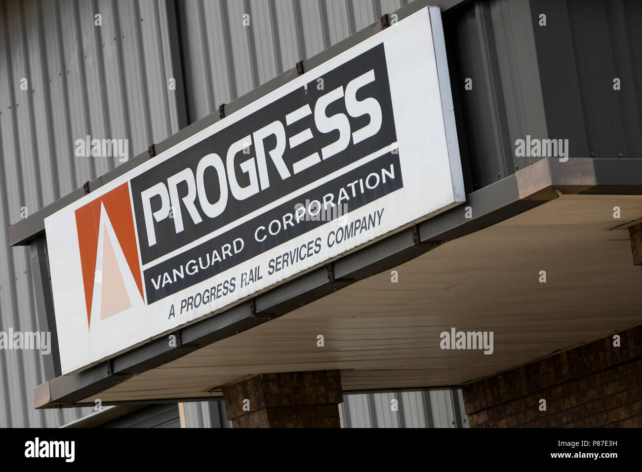 A logo sign outside of a facility occupied by the Progress Rail Services Corporation in Lincoln, Nebraska on July 1, 2018. Stock Photo