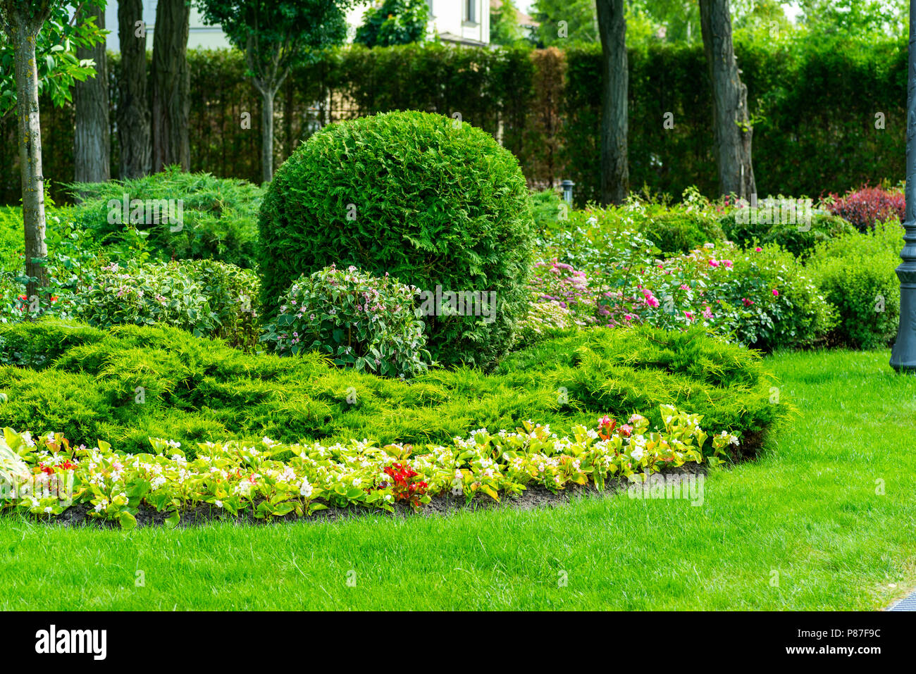 flower beds surrounded by flowers and trees Stock Photo Alamy