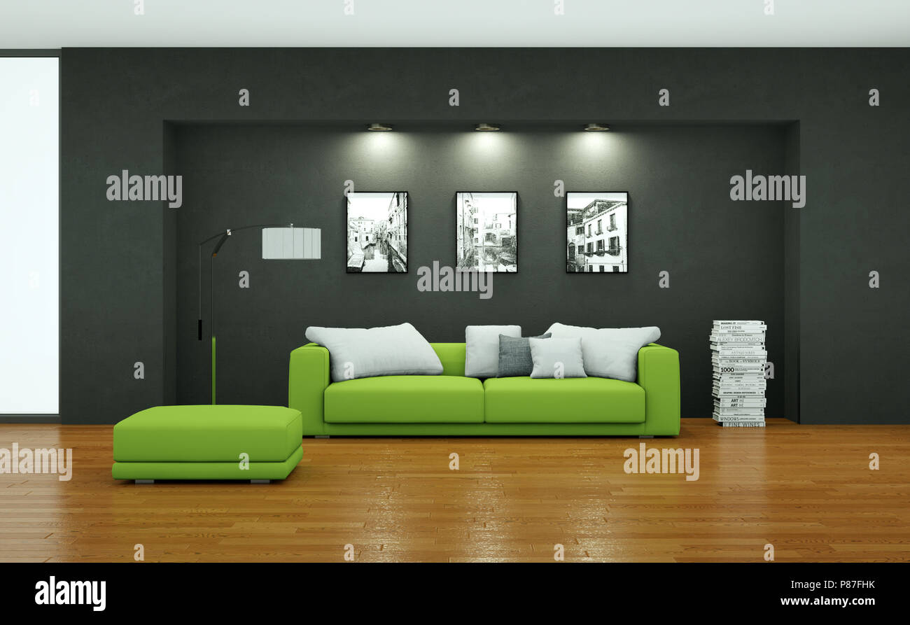 Interior Design Modern Bright Room With Green Sofa Stock Photo