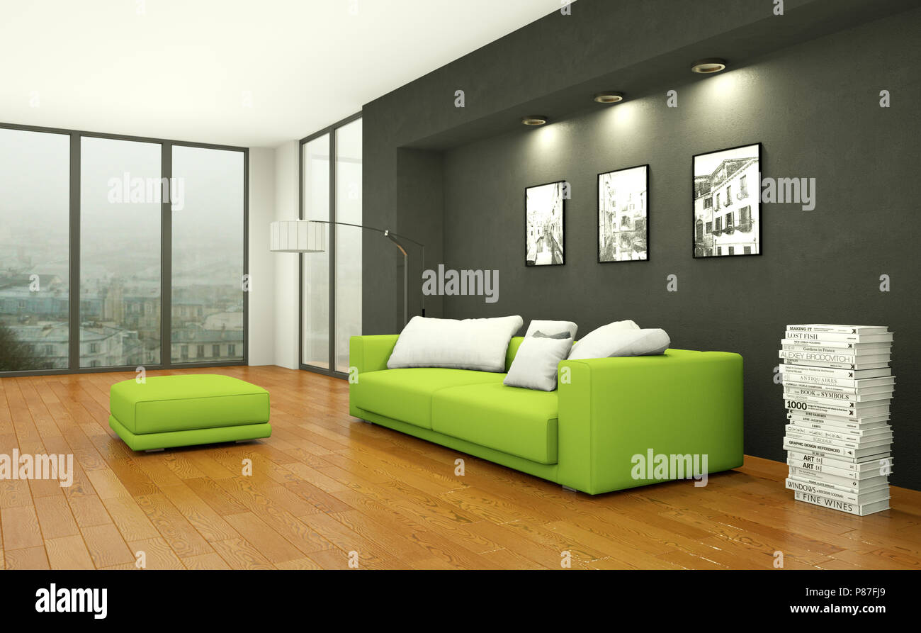 Interior Design Modern Bright Room With Green Sofa Stock Photo