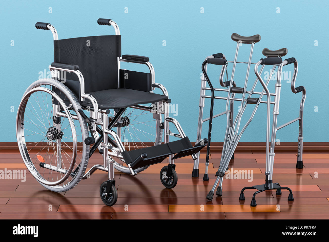 Wheelchair, walking frame and crutches on the wooden floor in the room